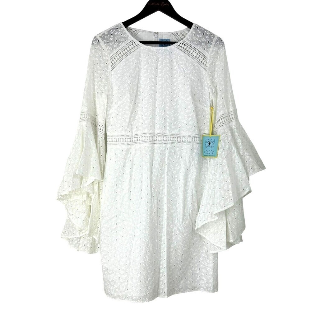 New Cece Women Sz 8 White Dress Eyelet Bell Ruffle Sleeve Crochet Lace A Line H4